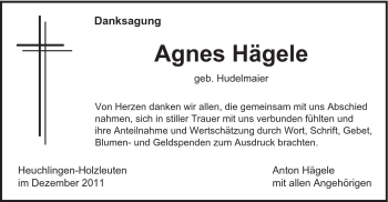 Traueranzeige von Agnes Hägele von Gmünder Tagespost