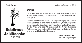 Traueranzeige von Edeltraud Joklitschke von Schwäbische Post