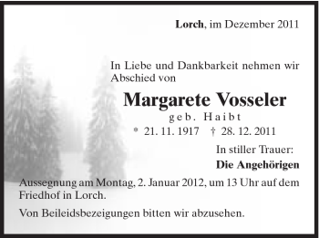 Traueranzeige von Margete Vosseler von Gmünder Tagespost