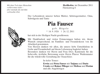 Traueranzeige von Pia Fauser von Gmünder Tagespost