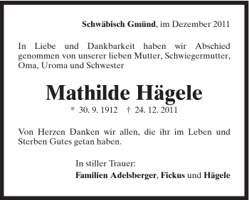 Traueranzeige von Mathilde Hägele von Gmünder Tagespost