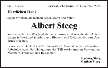 Traueranzeige von Albert Steeg von Gmünder Tagespost