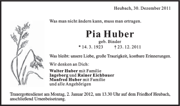 Traueranzeige von Pia Huber von Gmünder Tagespost