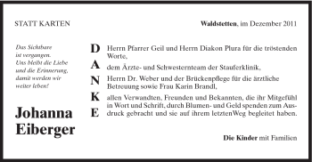 Traueranzeige von Johanna Eiberger von Gmünder Tagespost