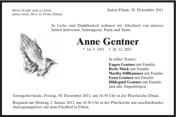 Traueranzeige von Anne Gentner von Schwäbische Post
