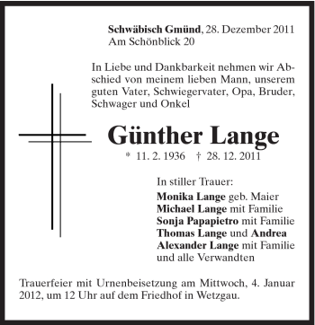 Traueranzeige von Günther Lange von Gmünder Tagespost
