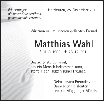 Traueranzeige von Matthias Wahl von Gmünder Tagespost