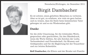 Traueranzeige von Birgit Dambacher von Schwäbische Post