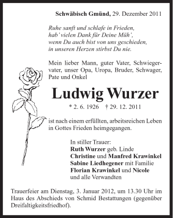 Traueranzeige von Ludwig Wurzer von Gmünder Tagespost