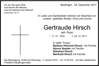 Traueranzeige von Gertraude Hirsch von Schwäbische Post