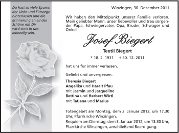 Traueranzeige von Josef Biegert von Gmünder Tagespost