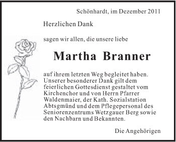 Traueranzeige von Martha Branner von Gmünder Tagespost