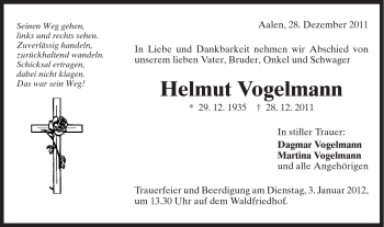 Traueranzeige von Helmut Vogelmann von Schwäbische Post