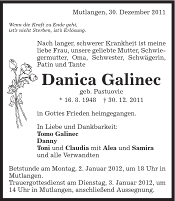 Traueranzeige von Danica Galinec von Gmünder Tagespost