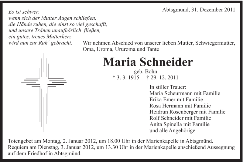  Traueranzeige für Maria Schneider vom 31.12.2011 aus Schwäbische Post