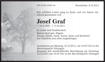 Traueranzeige von Josef Graf von Schwäbische Post