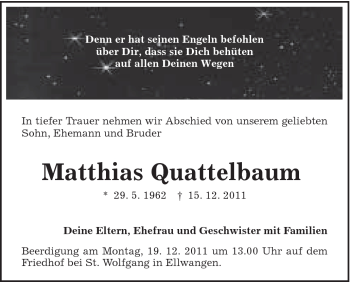 Traueranzeige von Matthias Quattelbaum von Schwäbische Post