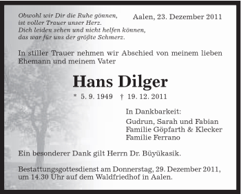 Traueranzeige von Hans Dilger von Schwäbische Post
