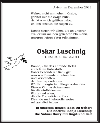 Traueranzeige von Oskar Luschnig von Schwäbische Post
