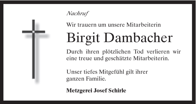  Traueranzeige für Birgit Dambacher vom 28.12.2011 aus Schwäbische Post