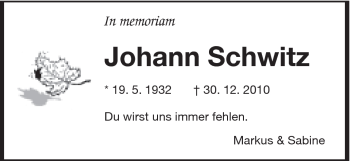 Traueranzeige von Johann Schwitz von Schwäbische Post