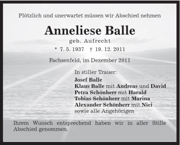 Traueranzeige von Anneliese Balle von Schwäbische Post