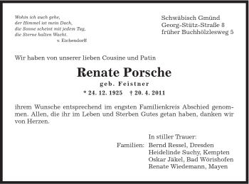 Traueranzeige von Renate Porsche von Gmünder Tagespost