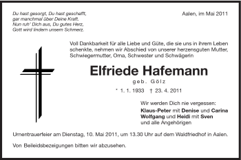 Traueranzeige von Elfriede Hafemann von Schwäbische Post