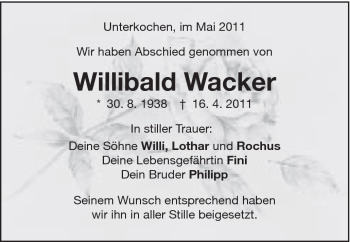 Traueranzeige von Willibald Wacker von Schwäbische Post