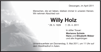 Traueranzeige von Willy Holz von Schwäbische Post