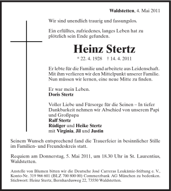 Traueranzeige von Heinz Stertz von Gmünder Tagespost
