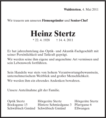 Traueranzeige von Heinz Stertz von Gmünder Tagespost