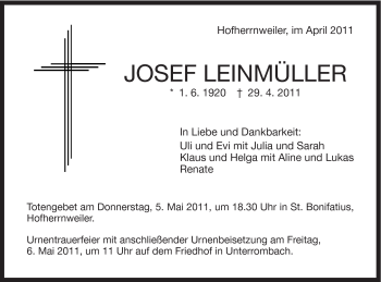 Traueranzeige von Josef Leinmüller von Schwäbische Post