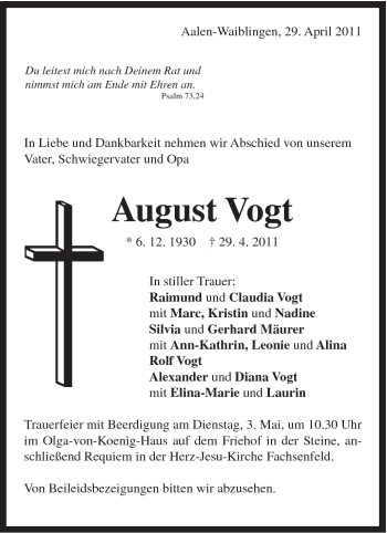 Traueranzeige von August Vogt von Schwäbische Post