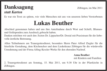 Traueranzeige von Lukas Beuther von Schwäbische Post