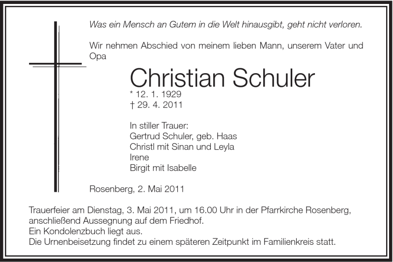  Traueranzeige für Christian Schuler vom 02.05.2011 aus Schwäbische Post