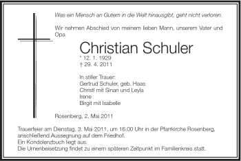 Traueranzeige von Christian Schuler von Schwäbische Post