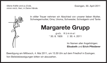 Traueranzeige von Margarete Grupp von Schwäbische Post