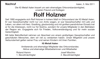 Traueranzeige von Rolf Holzner von Schwäbische Post