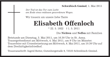 Traueranzeige von Elisabeth Offenloch von Gmünder Tagespost