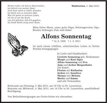 Traueranzeige von Alfons Sonnentag von Gmünder Tagespost