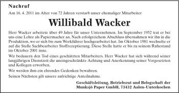 Traueranzeige von Willibald Wacker von Schwäbische Post