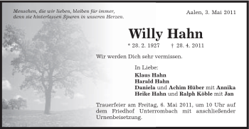 Traueranzeige von Willy Hahn von Schwäbische Post