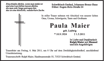 Traueranzeige von Paula Maier von Gmünder Tagespost