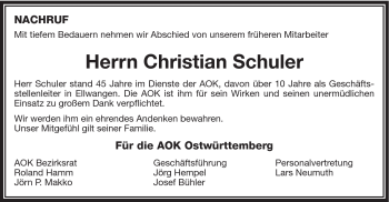 Traueranzeige von Christian Schuler von Schwäbische Post