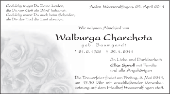 Traueranzeige von Walburga Charchota von Schwäbische Post