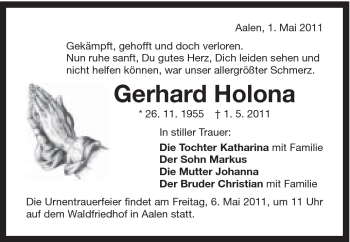 Traueranzeige von Gerhard Holona von Schwäbische Post