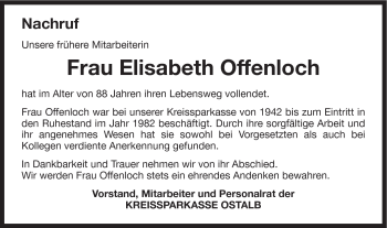 Traueranzeige von Elisabeth Offenloch von Gmünder Tagespost