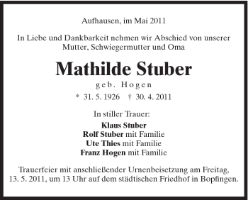 Traueranzeige von Mathilde Stuber von Schwäbische Post