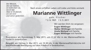 Traueranzeige von Marianne Wittlinger von Schwäbische Post